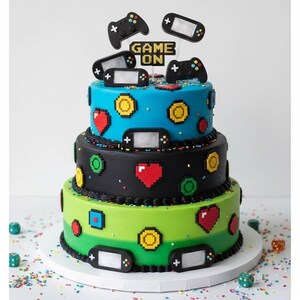 May include: A three-tiered cake decorated with a video game theme. The cake features blue, black, and green frosting, adorned with pixelated hearts, coins, and game controllers. The top of the cake has a sign that says "GAME ON".