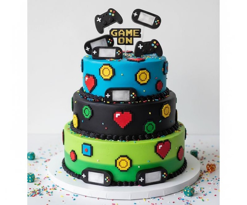 May include: A three-tiered cake decorated with a video game theme. The cake features blue, black, and green frosting, adorned with pixelated hearts, coins, and game controllers. The top of the cake has a sign that says "GAME ON".