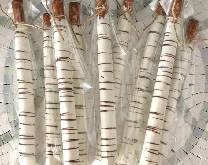 Chocolate Birch Bark Pretzel Rods | Individually Wrapped | Birch Wood Pretzel Rods | No Flat Back or Bottom | Birch Tree Wedding Favors