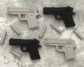 Chocolate Glock and Ammo | Chocolate Pistols and Bullets | 2 Black or Grey Hand Guns with Choice of 6 piece Ammunition | Gun Cake Toppers