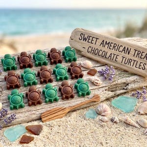 May include: A collection of small turtle-shaped chocolates in brown and green colors arranged on a piece of driftwood. A wooden sign reads SWEET AMERICAN TREAT CO. - CHOCOLATE TURTLES -. A small wooden paddle and various seashells are present.
