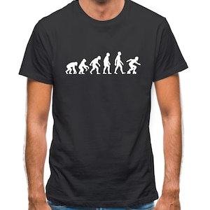 May include: A black t-shirt with a white graphic of the evolution of man, ending with a person on roller skates.