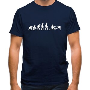 May include: A navy blue t-shirt with a white graphic of the evolution of man, ending with a person rowing on a rowing machine.