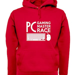 Pode incluir: Camisola de capuz vermelha com texto branco que diz "PC Gaming Master Race" e um gráfico branco de teclado e rato.