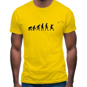 May include: A yellow t-shirt with a black silhouette of the evolution of man, ending with a man throwing a hammer.