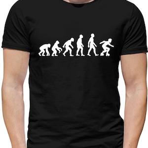May include: Black t-shirt featuring a white graphic of the evolution of man, culminating in a person roller skating.