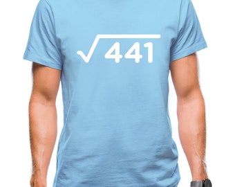 May include: Light blue t-shirt with a white graphic of a square root symbol and the number 441. The shirt is made of a soft material and has short sleeves. The person is wearing blue jeans and a black watch.