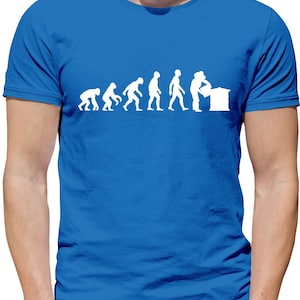 May include: A royal blue t-shirt featuring a white graphic of the evolution of man, culminating in a person working a beehive.