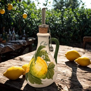 Botella de aceite de oliva con asa para mesa, pintada a mano en Italia Lemon