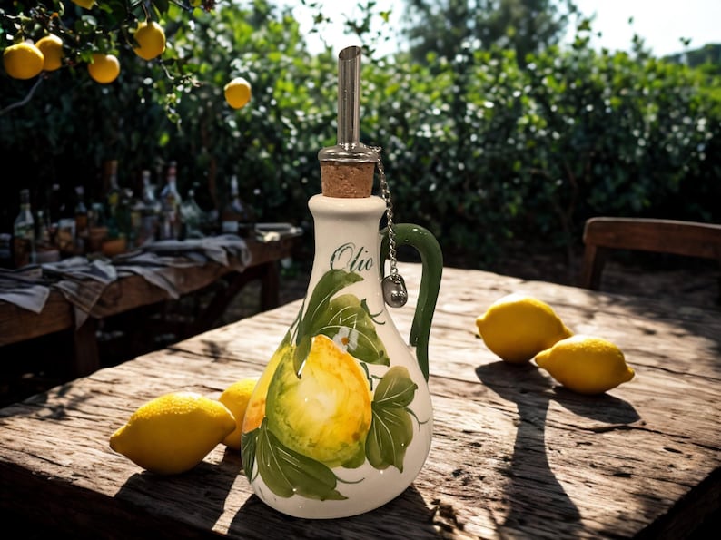 Botella de aceite de oliva con asa para mesa, pintada a mano en Italia Lemon