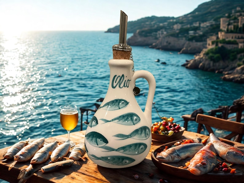 Puede incluir: Una aceitera de cer&aacute;mica blanca con asa, decorada con ilustraciones de peces azules y la palabra Olio en letra cursiva. La botella cuenta con un tap&oacute;n de corcho rematado con un vertedor de acero inoxidable para servir aceite o l&iacute;quidos.