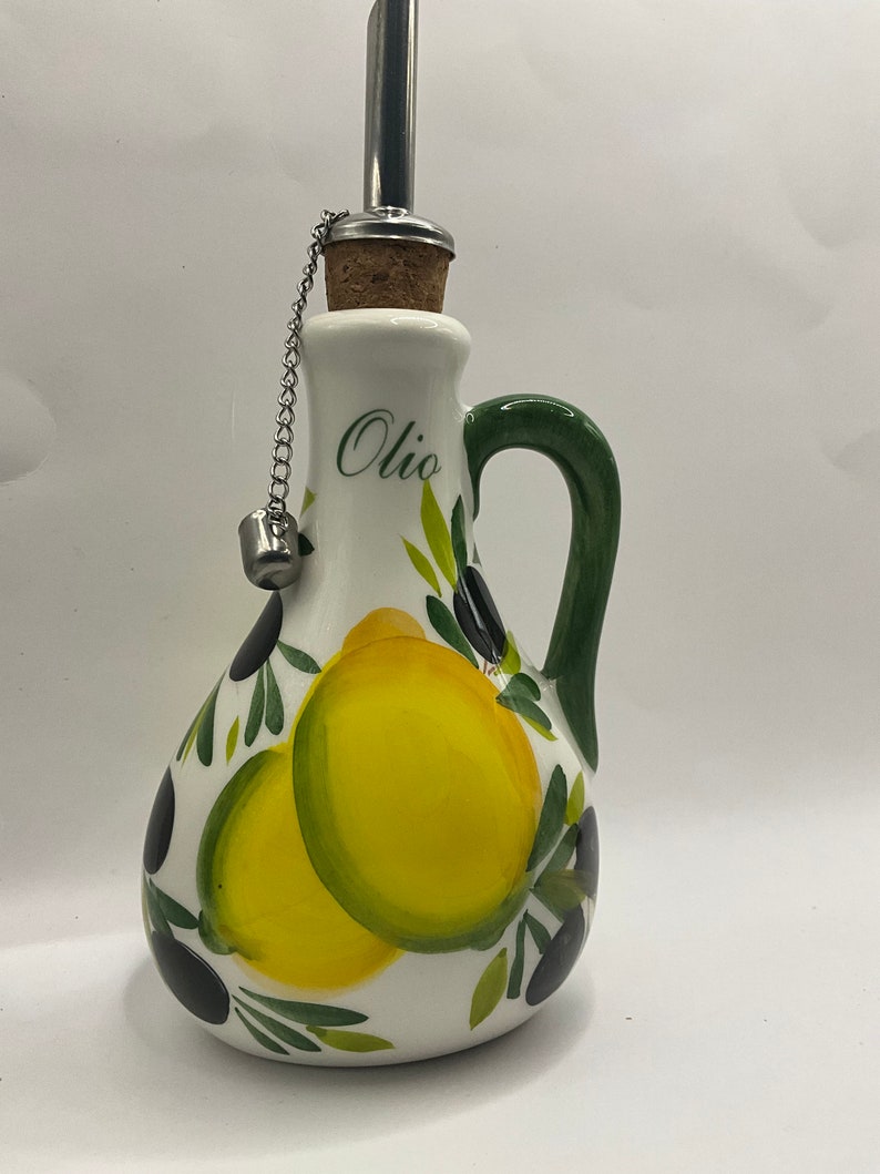 Botella de aceite de oliva con asa para mesa, pintada a mano en Italia Lemon and Olives