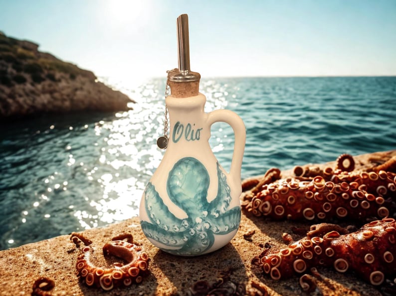 Puede incluir: Una aceitera de cer&aacute;mica blanca con una ilustraci&oacute;n de pulpo azul y la palabra Olio en cursiva. La botella tiene un asa, un tap&oacute;n de corcho y un vertedor de acero inoxidable con una peque&ntilde;a cadena de metal y un dije circular adjunto.