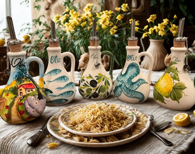 Hand Painted in Italy Olive Oil Bottle with Handle for Table