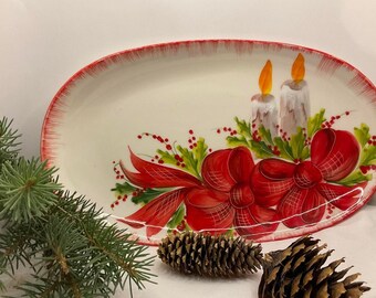 Christmas Serving Platter with Candle Design hand painted in Italy