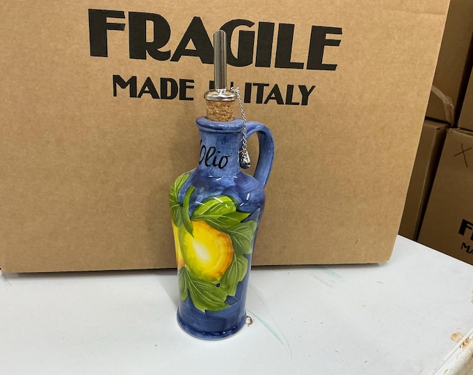 Rustic Italian Hand-Painted Olive Oil Bottle with Handle (6"H, 250ml) - Dishwasher Safe!