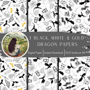 Digitalt pappersset med drakar | Svart, vitt och guld | Drakar (digital nedladdning) | Scrapbook-papper | Skräpjournaler | DIY-pyssel | Försättspapper