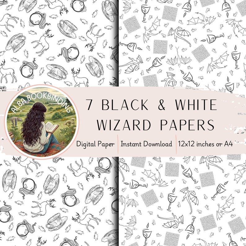 Set of 7 Wizard Digital Papers Black and White | Scrapbook Paper | Junk ...