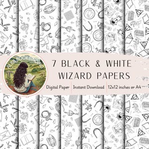 Set of 7 Harry Potter Wizard Digital Papers Black and White | Scrapbook Paper | Junk Journals | DIY Crafts | End Papers | Wizarding World