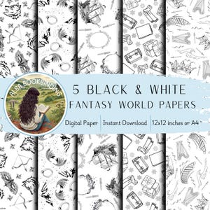 Fantasy World Digital Paper Set | Black and White Fae Designs (Digital Download) | Scrapbook Paper | Junk Journals | DIY Crafts | End Papers