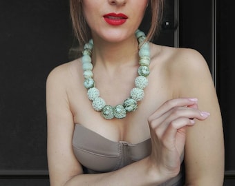 Felted Ball Necklace: Embroidered Merino Wool, Mint Green Jewelry