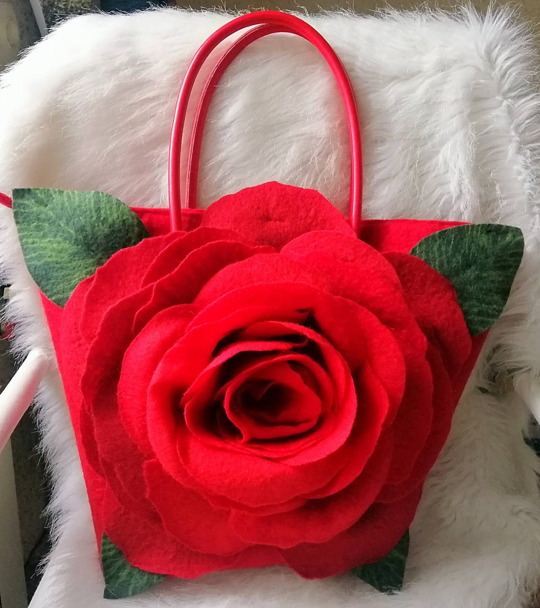 Large Women's Bag With Felted Rose Decor Felted Hand Bag Felted Purse