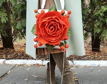 Bolso de flores de fieltro: bolso de lana merino hecho a mano con decoración de rosas naranjas