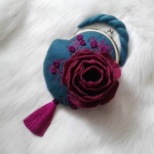 Felted Wool Handbag with Rose Decor: Handmade Designer Bag