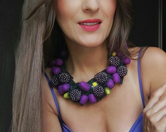 Berries necklace Felted necklace Felt purple berries necklace Symmetrical necklace    Vegan necklace Grape necklace Blackbarry necklace