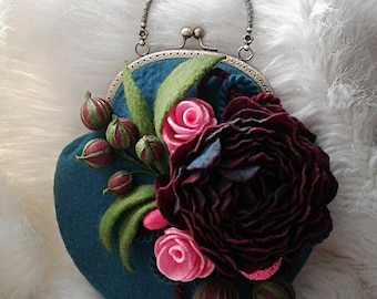 Felted bag with flowers decor Felted hand bag Felted purse Retro bag Hand bag for women Flowers bag Designer bag Wedding bag