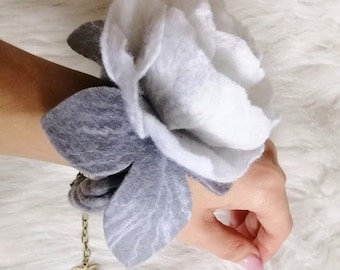 Felted bracelet Flower bracelet Gray bracelet Wool felt bracelet Rose bracelet Wool felted jewelry Wedding bracelet Felted rose