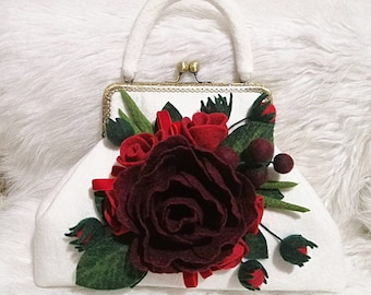 Bolso de lana de fieltro: decoración de flores blancas, bolso vegano hecho a mano