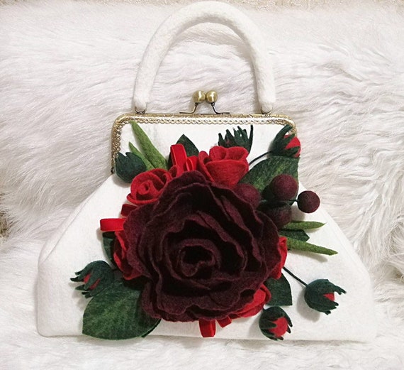 Felted Wool Handbag: White Flower Decor, Handmade Vegan Purse