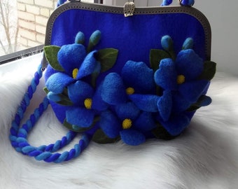 Hand bag with felted flowers Wool felt bag Felted hand bag Felted purse Felt flower bag Handbag for women Flowers bag Designer bag Wool bag