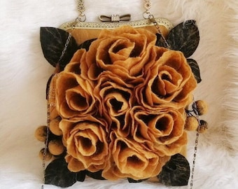 Bolso de hombro de fieltro de lana hecho a mano: Monedero retro floral