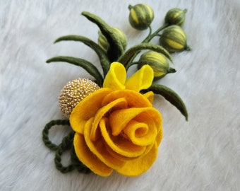 Felted brooch Yellow rose brooch Felt flower brooch Wet jewelry Rose pin Yellow brooch Rose pin Felted rose pin Brooch for women