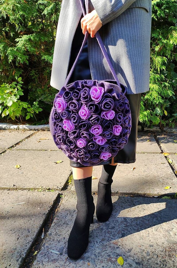 Grote damestas Bloementas Paarse tas Vilten tas Designer tas