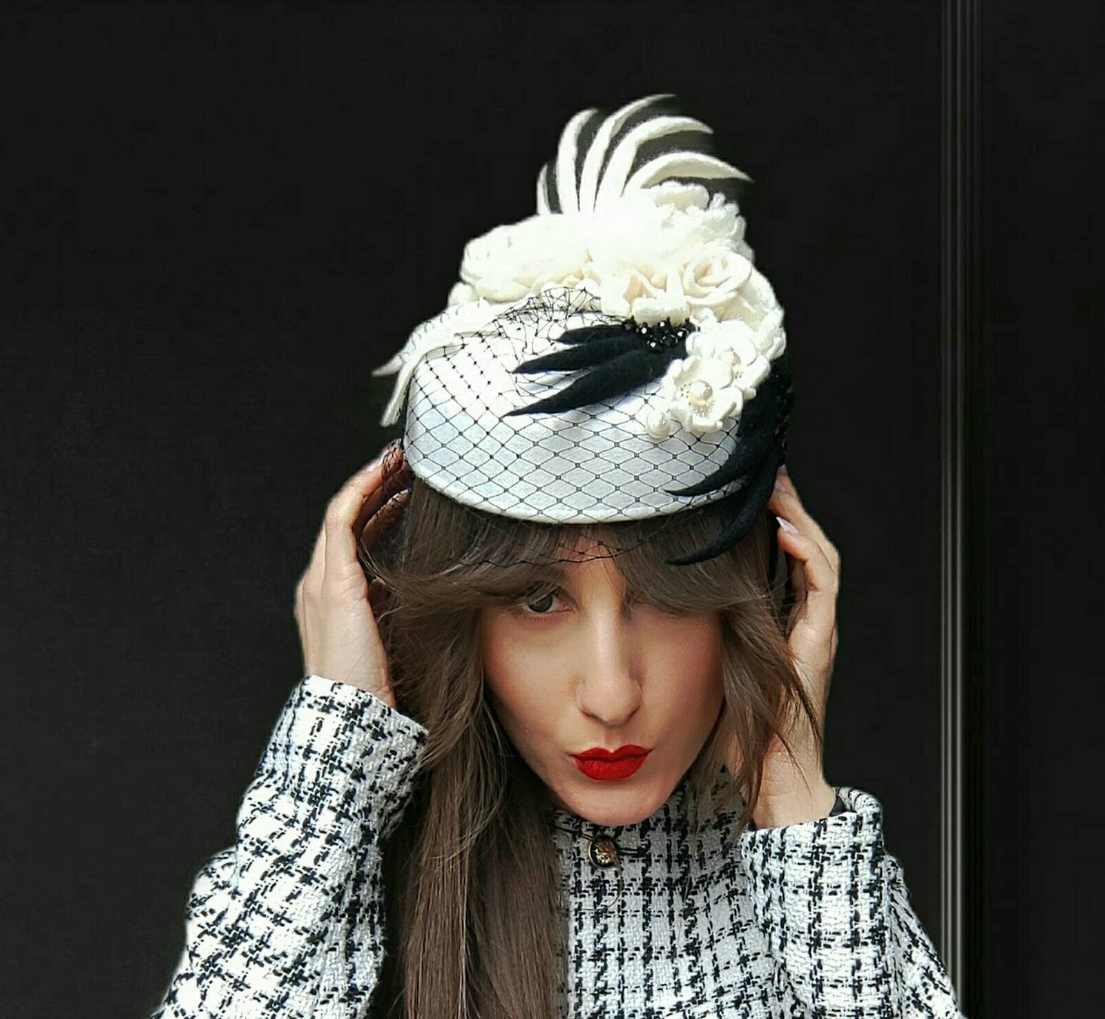 Women\'s Wool Felt Flower Pillbox Hat British Wedding Church Derby Hats White Wool Felt British Top Fascinators Hat For Women Wedding  main image 3