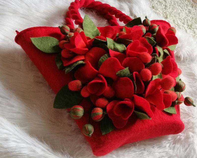 Large women/'s bag with felted flowers decor Felted hand bag Felted bag Felt flower bag Hand bag for women Flowers bag Designer bag Vegan bag