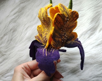 Felted Iris Brooch: Handmade Merino Wool Flower Pin