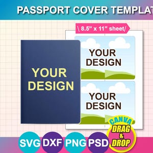 May include: A passport cover template with the text "PASSPORT COVER TEMPLATE" at the top. The design includes a navy blue passport cover with "YOUR DESIGN" printed on it, and two design templates with the text "YOUR DESIGN". The image also includes the text "8.5" x 11" sheet/" and "CANVA DRAG & DROP".