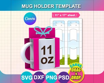 11oz Mug Holder Template, Mug Box Template, Mug Gift Box Template, SVG, Canva, DXF, Ms Word Docx, Png, Psd, 11" x 17" size sheet, Printable