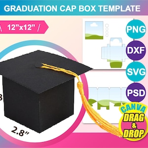 Plantilla para caja de birrete de graduación (Canva, PSD, SVG, DXF, PNG, Word), hoja de 30 x 30 cm, imprimible