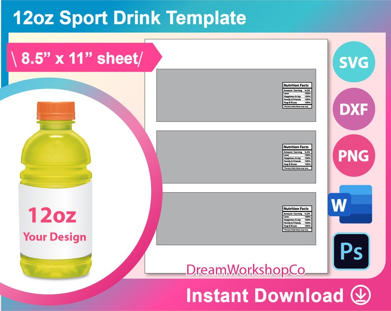 12oz Sport Drink Bottle Labels Template Sport Drink Template Etsy