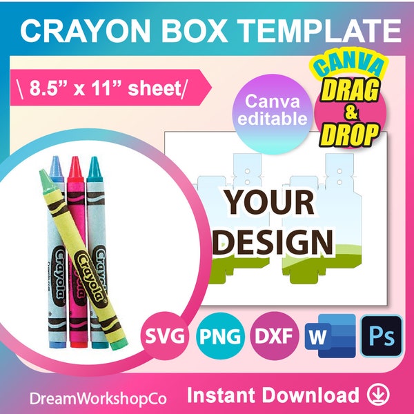4pcs Crayon Color Pen Gift Box Template, Ms word, Canva, PSD, PNG, SVG, Dxf, 8.5" x 11" sheet, Printable, Instant Download