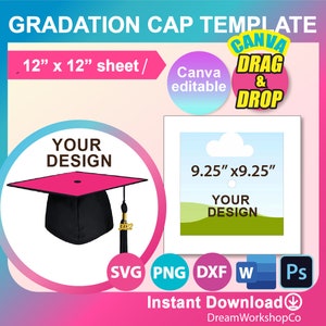 9.25 x 9.25 Graduation Cap Template, Graduation Stole Template, Canva, PSD, SVG, DXF, Png, Ms word, 12&quot; x 12&quot;