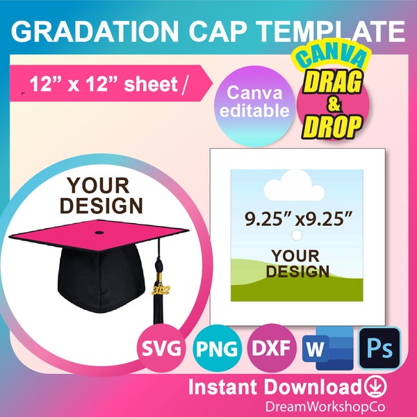 9.25 x 9.25 Graduation Cap Template, Graduation Stole Template, Canva, PSD, SVG, DXF, Png, Ms word, 12" x 12"