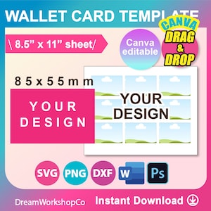Wallet Card Template, SVG, DXF, Ms Word docx, Png, Psd, 8.5"x11" sheet, Printable, Instant Download