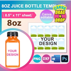 8oz Juice Bottle Label Template, SVG, DXF, Canva, Ms Word Docx, Png, Psd, 8.5&quot;x11&quot; sheet, Printable