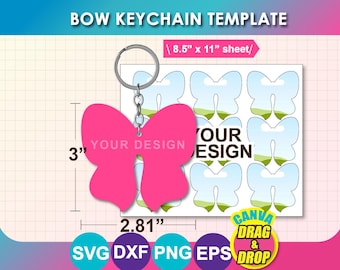 Bow Keychain Template, Sublimation Template, SVG, DXF, Canva, Png, Eps, 8.5"x11" sheet